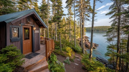 Obraz premium Rustic wooden cabin nestled in a dense evergreen forest overlooking a calm body of water.