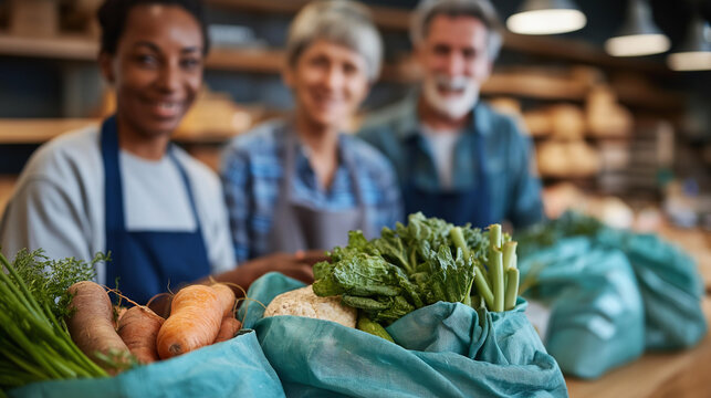 Defocused diverse group of volunteers around table with fresh vegetables, blurred sorting bags of produce, community food distribution, with copy space