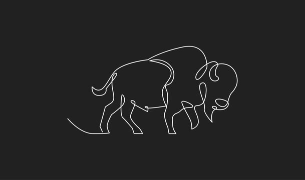 Continuous Line Drawing of a Bison. Minimalist one line art of an American buffalo, side profile, isolated on a dark background.