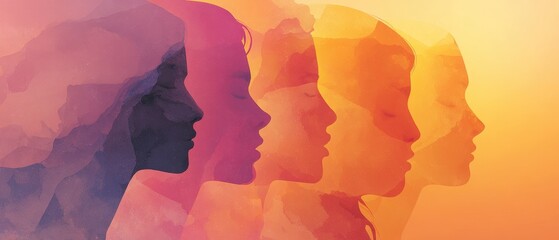 Abstract watercolor silhouette profiles of diverse women overlapping in colorful gradient representing Women's History Month and female empowerment.