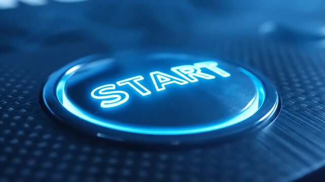 Glowing blue START button on dark digital technology background