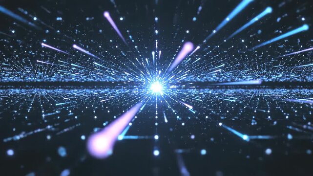 Wide shot of glowing blue light trails rushing forward from a bright luminous core