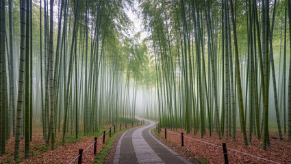 Fototapeta premium Misty Morning Walk Through Arashiyama Bamboo Grove
