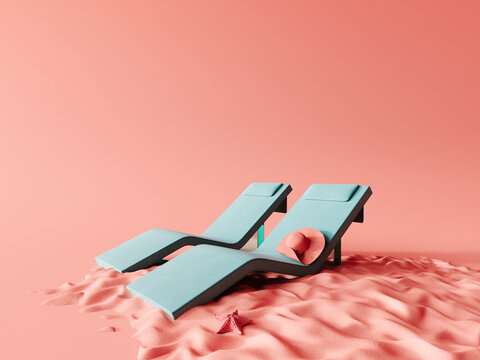 Minimalist summer concept design. Two modern deck chair on pink background with copy space. 3D Rendering, 3D Illustration