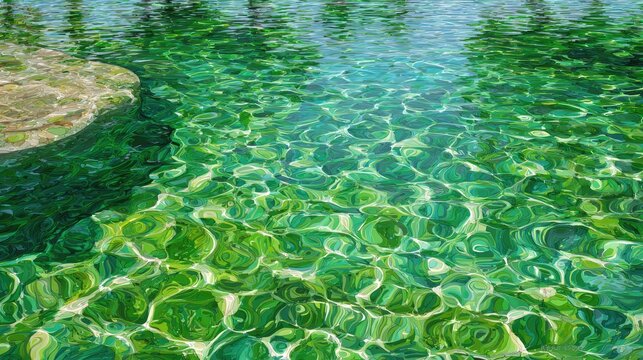 Vibrant green water displays intricate caustic light patterns near a stone edge.
