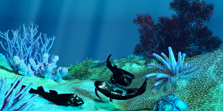 Bothriolepis Placoderms in Ocean - Bothriolepis yeungae is an extinct placoderm of the Late Devonian period. It had a heavily armoured body and distinctive spine-like pectoral fins.