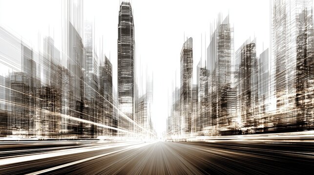 Motion blur effect depicts towering structures along a roadway into a bright cityscape