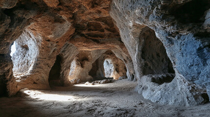 Lava tube interior, textured rock walls with natural formations, sunlight illuminating openings, emphasizing volcanic geology, cavern textures, and dramatic underground environment.
