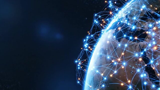A glowing network of connections on a partial view of the earth from space, symbolizing global communication and technology