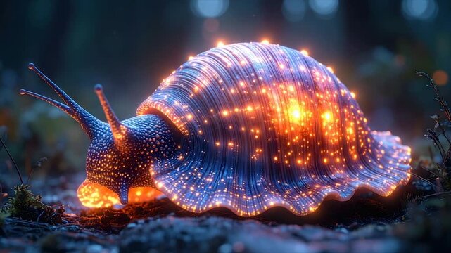 A glowing snail with an iridescent shell crawls through a dark, mossy forest