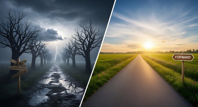 Decision-making contrast: left crossroads under storm clouds; right straight clear path under golden sunrise sky