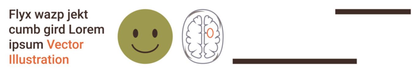 Fototapeta premium Mental health, cognitive science, brain function, positivity, communication, education. Green happy face and simplified brain diagram with text elements. Mental health and cognitive science