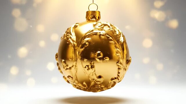Luxurious Golden Ornate Spherical Ornament Featuring Elaborate Relief Designs and a Hanging Cap