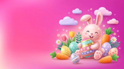 Fototapeta premium Playful Pink 3D Easter Background with Bunny and Candy Eggs