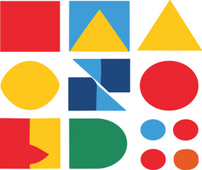 Obraz premium Abstract Geometric Shapes Collection Cartoon Vector Illustration with Colorful Circles Squares and Triangles