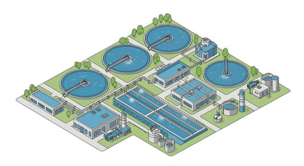 Wastewater Treatment Plant Illustration - Industrial Water Purification Facility