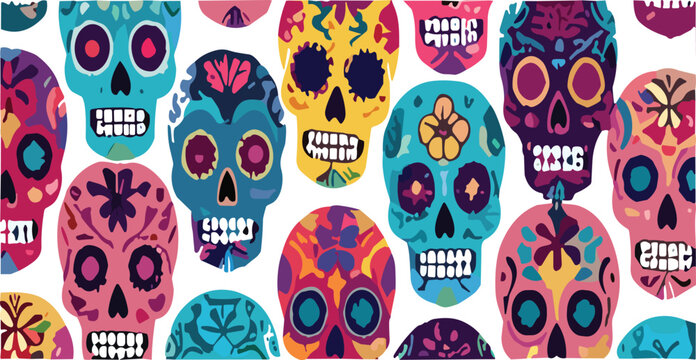 Colorful Sugar Skulls Seamless Pattern Cartoon Vector Illustration Inspired by Day of the Dead