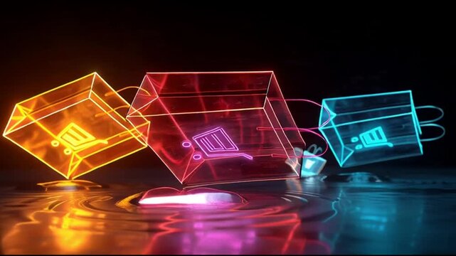 Glowing cubes with numbers on a reflective surface in a dark environment from a low viewpoint