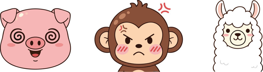 Fototapeta premium Cute Farm Animal Faces Pig Monkey and Llama Cartoon Vector Illustration Set for Kids Design