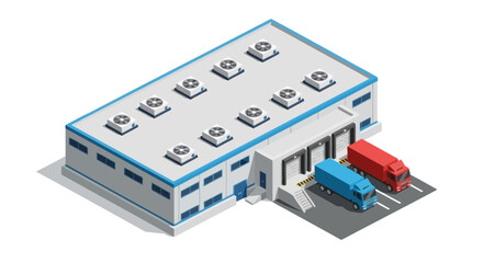 Isometric illustration of a logistics warehouse with loading docks and trucks, representing distribution and supply chain operations