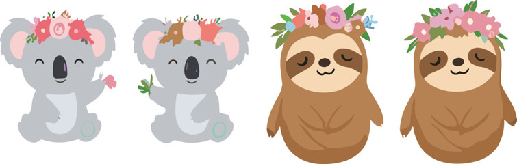 Fototapeta premium Cute Koala and Sloth with Floral Crowns Cartoon Animal Vector Illustration Set for Nursery Design