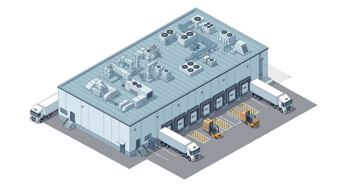 Modern logistics center with loading docks and trucks, showcasing efficient supply chain operations