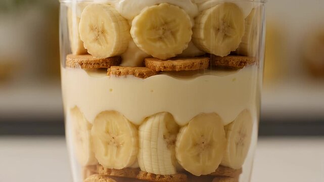 Close up of a delicious banana pudding parfait in a glass