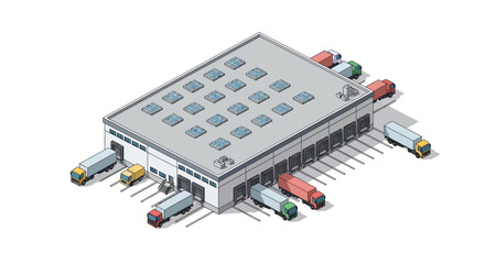 Fototapeta premium Isometric warehouse building with trucks at loading docks, logistical operations illustration