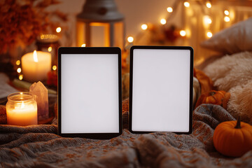 Cozy autumn scene with tablets on knitted blanket