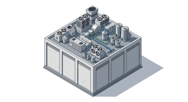 Isometric view of a rooftop industrial HVAC system with machinery and piping on a building's flat roof