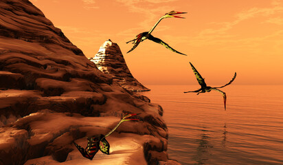 Quetzalcoatlus Pterosaurs at Seacoast - Quetzalcoatlus was a carnivorous pterosaur reptile that lived in the Cretaceous Period of North America. © Catmando