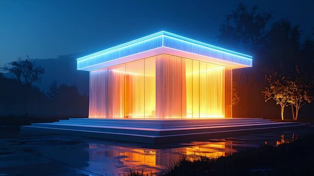 A glass cuboid structure glows warmly within a serene, dusk setting, with a neon rim