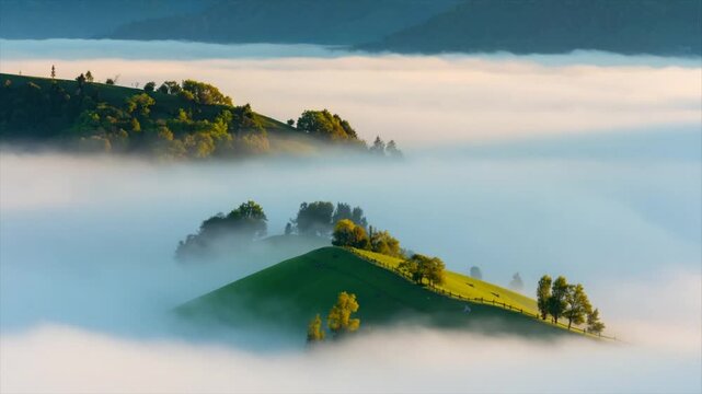 Rolling green hills partially submerged in a sea of fog with patches of trees