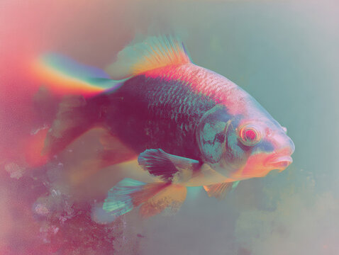 Minimalist abstract fish illustration, soft focus, glowing edges, solarized color palette, ethereal aura, blurred silhouette, luminous dreamcore aesthetic Prominent, vividly colored fi - AI-Generated