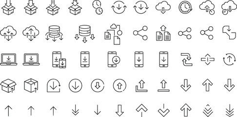 Download and Upload Line Icons Set with Cloud Sync, File Transfer, Data Backup, Arrow Direction, Mobile App and Digital Storage Concepts