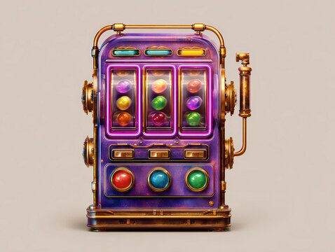 Vibrant steampunk slot machine, Willy Wonka inspired, flattened 3x5 candy symbols on a moving reel, minimalist design with large circular buttons High contrast purple and gold illustra - AI-Generated