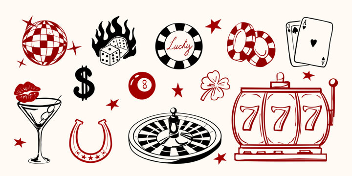 Hand drawn casino set with slot machine, cards, dice, disco ball and roulette. Vintage doodle style vector illustration.
