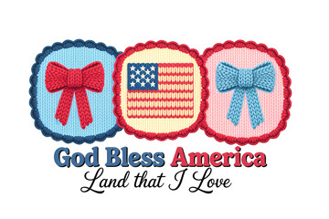 Obraz premium God Bless America patriotic bows t_shirt design with red ribbon, American flag, and blue bow isolated on transparent background