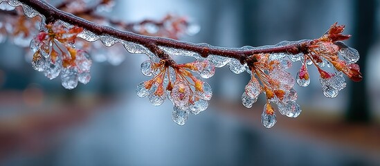 Branch of delicate buds encased in icy glaze, against a soft blurred background