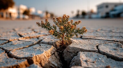 Tiny plant emerges from cracked earth, urban background blurred