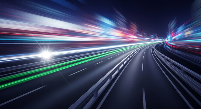 Highway at Night with Blurred Neon Lights in Futuristic Motion with Dark Blues and Speed Lines for Technology Background
