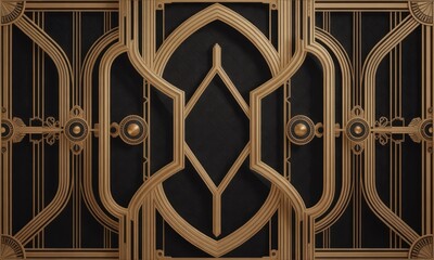 Ornate Art Deco design in gold against a deep black background