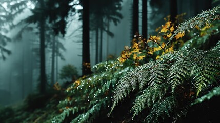 Foggy forest scene with ferns and other foliage in close-up
