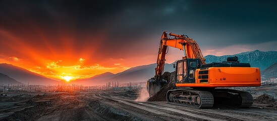An orange excavator in a construction site at sunset, mountains behind