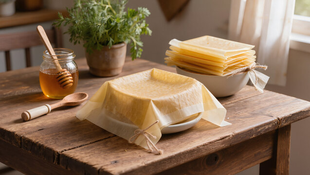 Homemade Beeswax Wraps Stacked and Ready for Use with Honey Jar