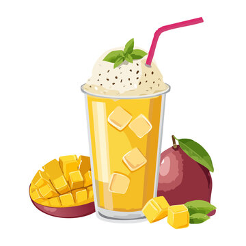 Refreshing iced mango peach tea with fresh fruit slices and ice cubes in a tall glass - Vector Illustration