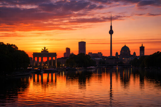 Berlin Skyline and Brandenburg Gate at Sunset