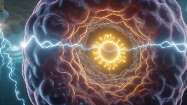 Cinematic Close-up of Interleukin Signal Amplification Core with Electrical Discharge