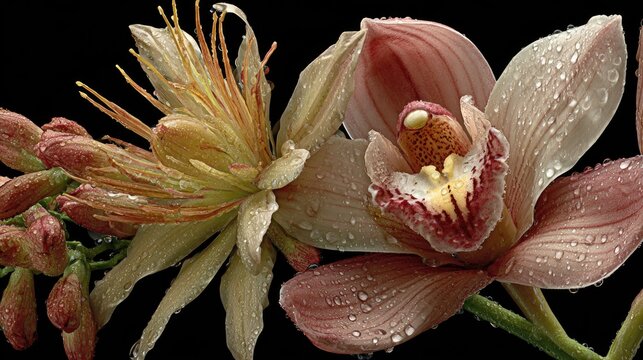 Exotic orchid blossoms display delicate moisture droplets against a deep black background
