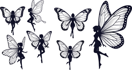 Naklejka premium Set of Magical Fairy Silhouettes with Detailed Butterfly Wings for Fantasy Illustration, Enchanted Garden Themes, Children's Storybooks, and Mystical Graphic Designs
